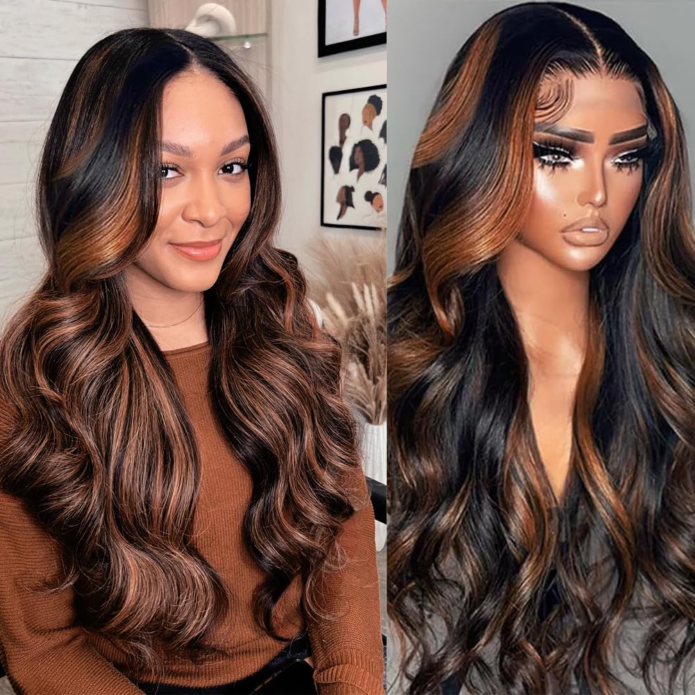 28 Inch Honey Blonde Ombre Lace Front Wig Human Hair 200 Density 13X6 Highlight Body Wave Lace Front Wig Human Hair Pre Plucked With Baby Hair Glueless HD Lace Frontal Wig for Women T1B/30 Colored Wig