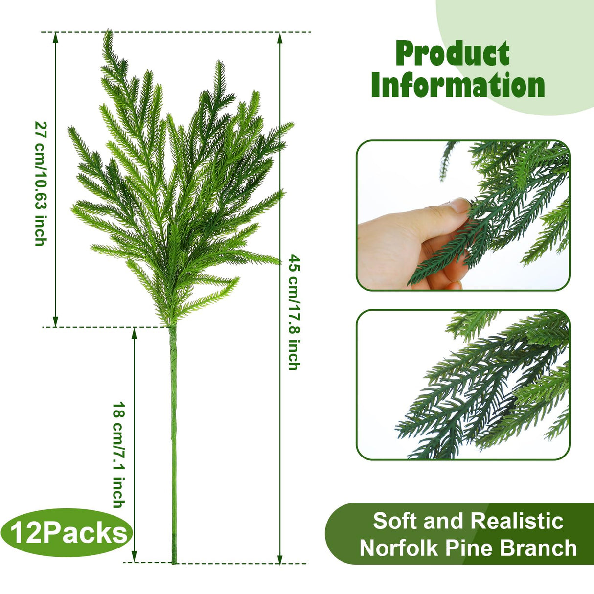 Jutom 12 Pcs 18 Inch Christmas Norfolk Pine Branches, Lifelike Bendable Non-Shedding Greenery Stems Faux Pine Picks for Christmas Mantel Centerpiece Garland Wreath and Holiday Decor