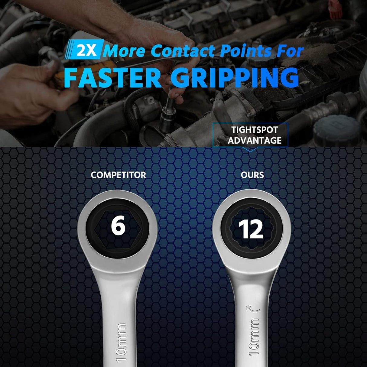 DISEN 10Pcs Ratcheting Wrench Set SAE & Metric Ratchet Wrench Set with Rack Organizer, Premium CR-v Steel, 12 Point, 72 Teeth,Box End and Open End Ratcheting Wrench Set,Metric 10-15mm&SAE 3/8''-5/8''
