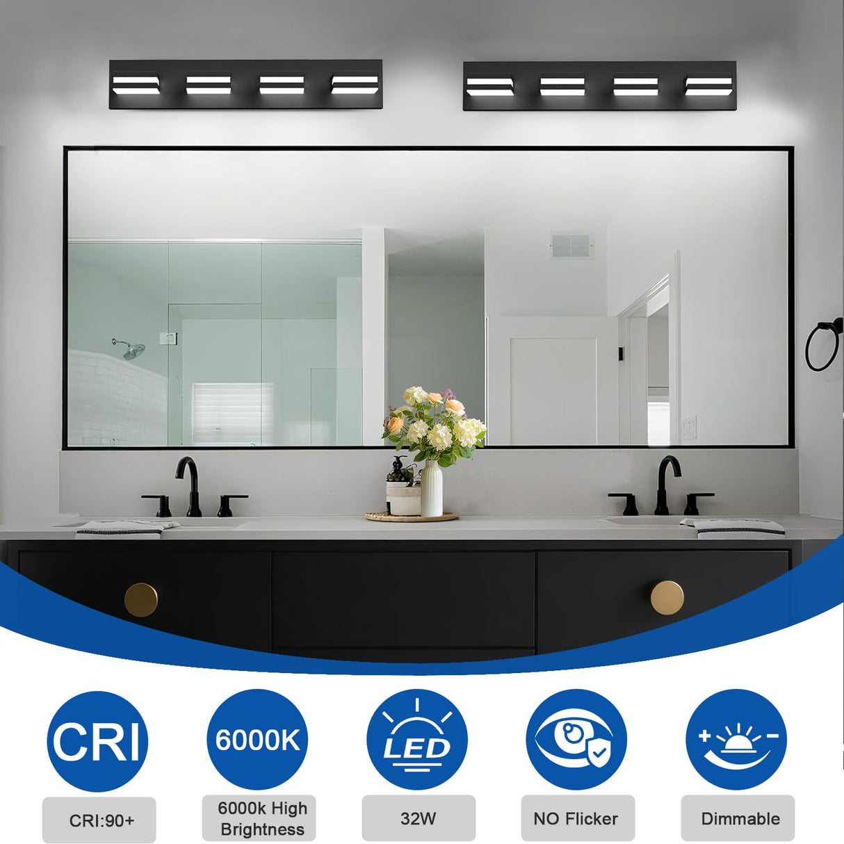 IZORRO LED Modern Bathroom Lights Fixtures(4-Light,Dimmable,360°Rotate),Matte Black Acrylic Wall Lighting,Vanity Lights for Bathroom Over Mirror - 6000k 24In (No Assembly Required)
