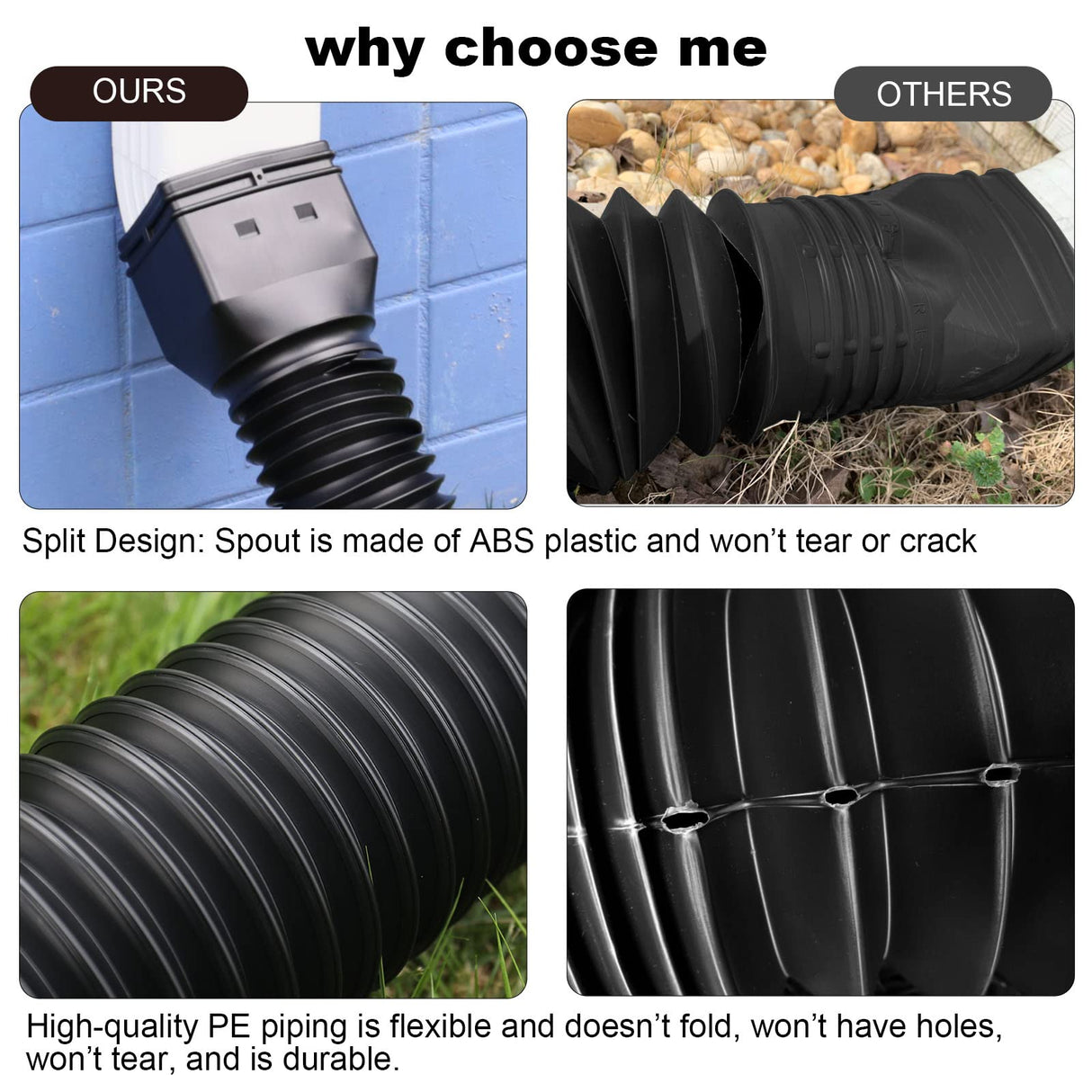 plusgutter 16.5ft Long Gutter Downspout Extensions Flexible, 4" Diameter Drain Downspout Extender, Down Spout Drain Extender for Rainwater Drainage, Extendable from 3.4ft to 16.5ft(1Pack Black)