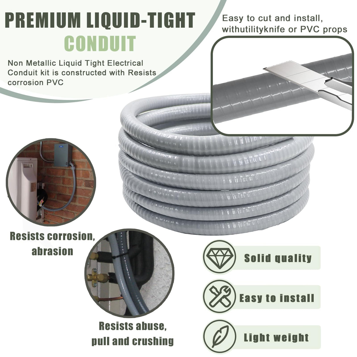Feotech Liquid-Tight Conduit and Connector Kit - 1/2 Inch 25 FT Non Metallic Liquid Tight Electrical Conduit with 5 Straight and 5 Angle Fittings