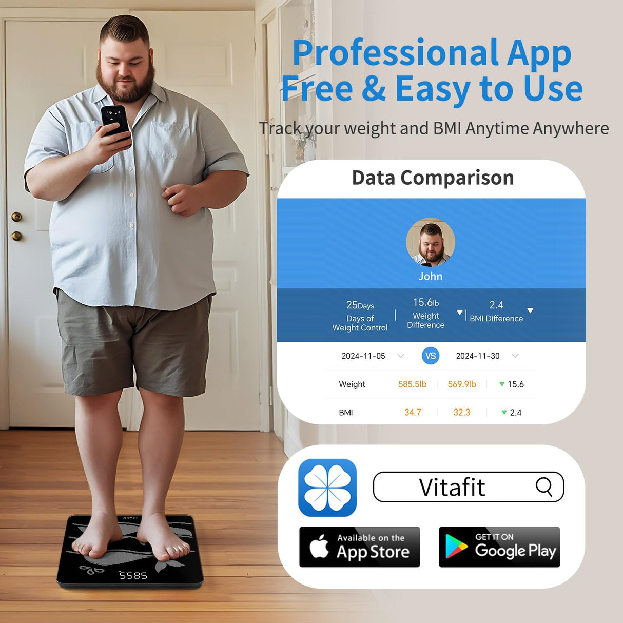 Vitafit Amazing 600lb Smart Bathroom Scale for Body Weight in 0.1lb, High Accuracy Assured by Scale Professional Factory Since 2001, Large Platform with 8mm Non-Slip Tempered Glass, LED, 3*AAA, Black