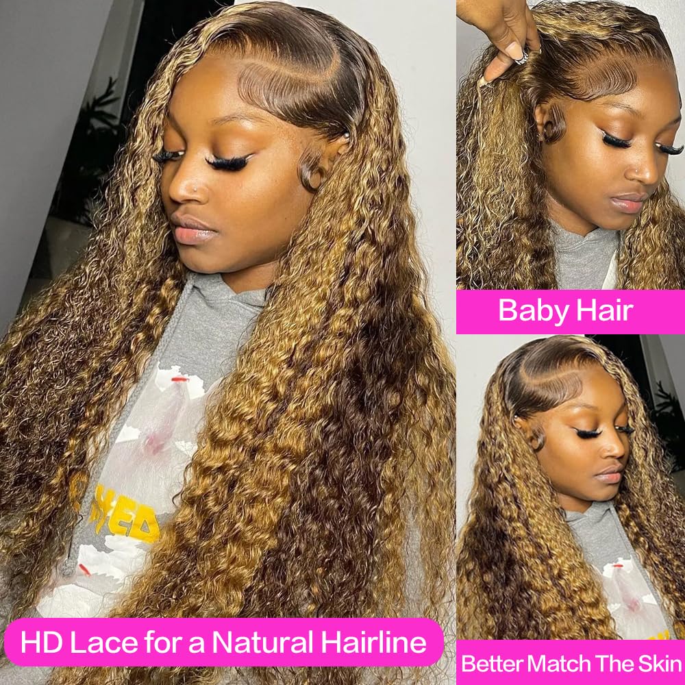 abbildung 30inch Highlight Ombre Lace Front Wig Human Hair 13x6 HD Honey Blonde 4/27 Deep Wave Lace Frontal Wigs Glueless Wigs Human Hair Pre Plucked with Baby Hair 200 Density
