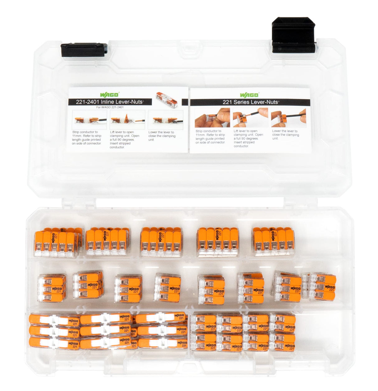 WAGO 221 Lever Nuts 90pc Compact Splicing Wire Connector Assortment with Case. Includes 221-2401, 221-412, 221-413, 221-415
