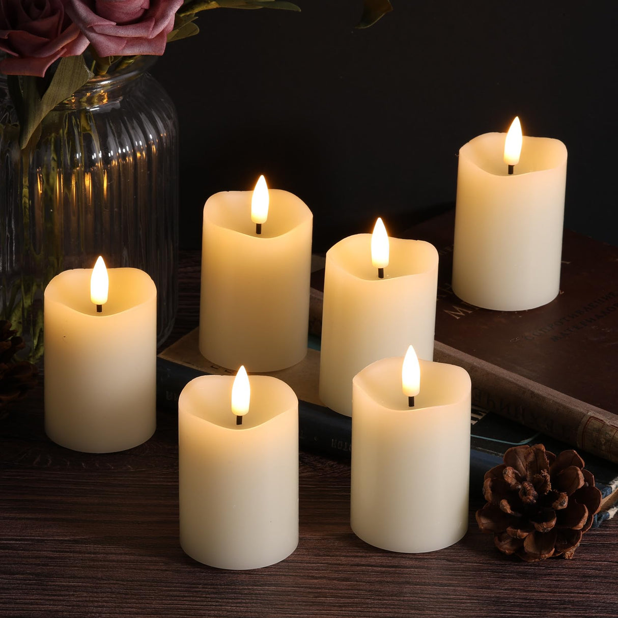Eywamage Timer Flameless Votive Candles 2 inch x 3 inch , Flickering Small LED Pillar Candles Batteries Included, Ivory Christmas Home Decor 6 Pack with 5 hours timer