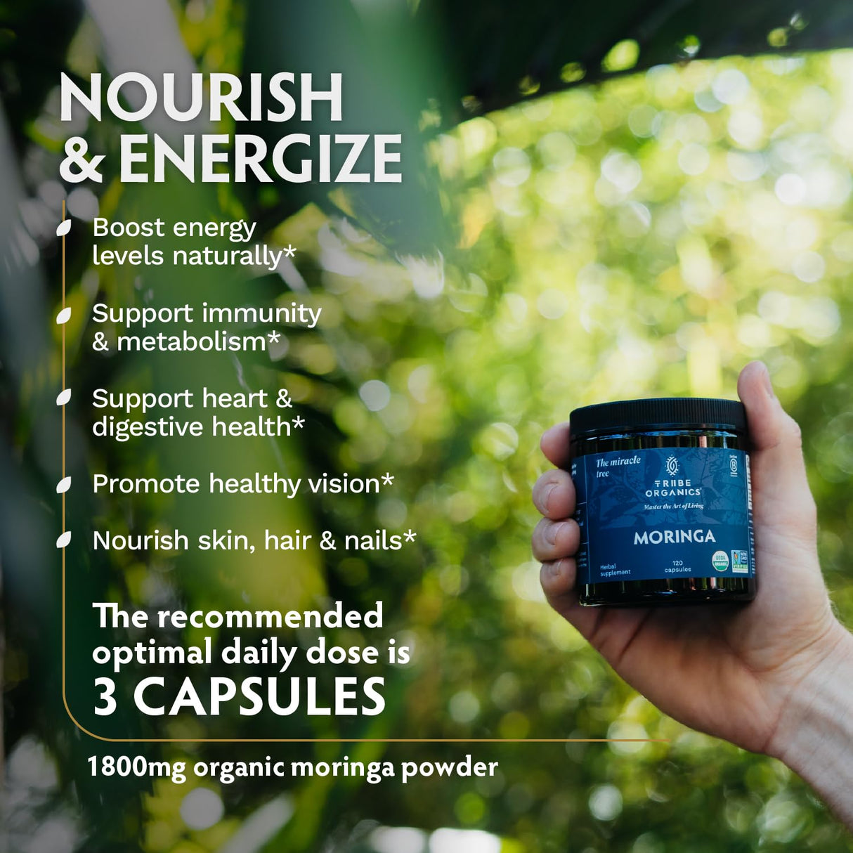 TRIBE ORGANICS 1800mg Organic Moringa Oleifera Powder for Energy | Joints | Brain Function - High Potency Nutrient Rich Greens Superfood | Natural Leaf Plant Protein | Antioxidant - 120 Vegan Capsules