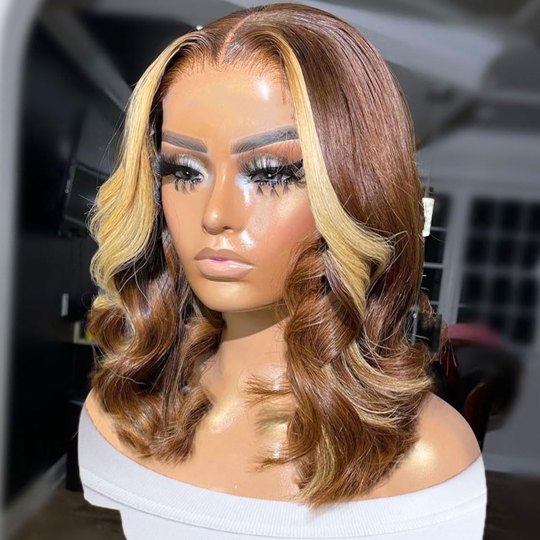 Brown With Blonde Highlight Bob Lace Front Wigs Human Hair 13x4 HD 180% Density Glueless Body Wave Bob Wig Human Hair Pre Plucked With Baby Hair Short Bob Wigs for Black Women Lace Frontal Wig 14 Inch