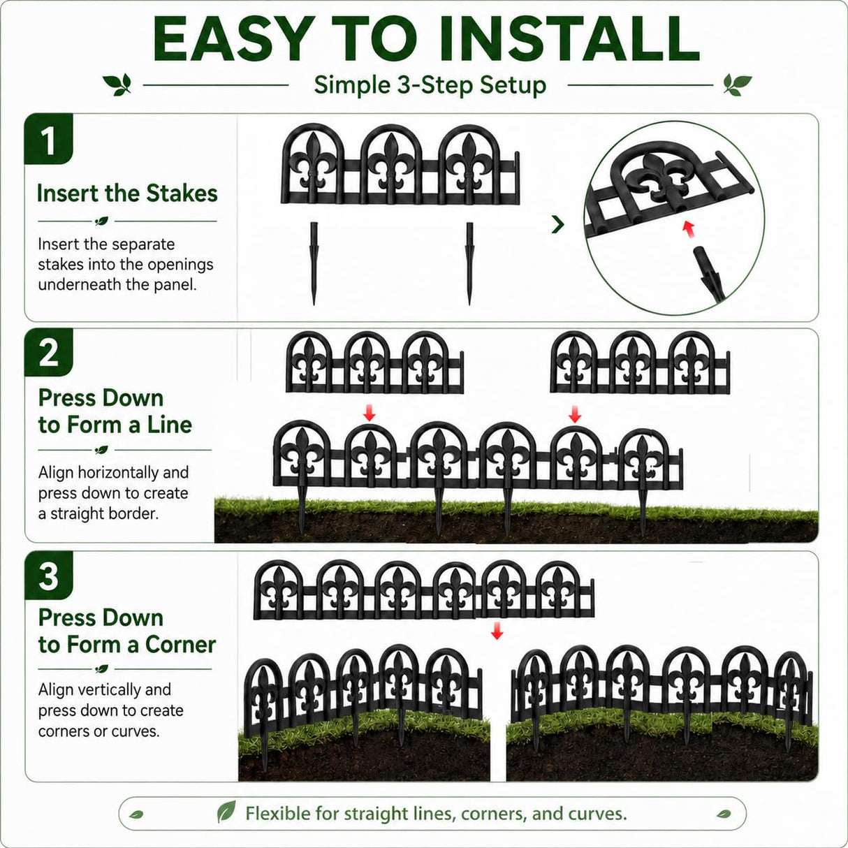 Evelyne Black Garden Border Plastic Edging – PP Plastic, Metal-Free Wrought Iron Look Design, 15pcs Black Yard Landscaping Fence Liner Lawn Edge Barrier, 20ft Kit of Decorative Lawn Landscape Panels