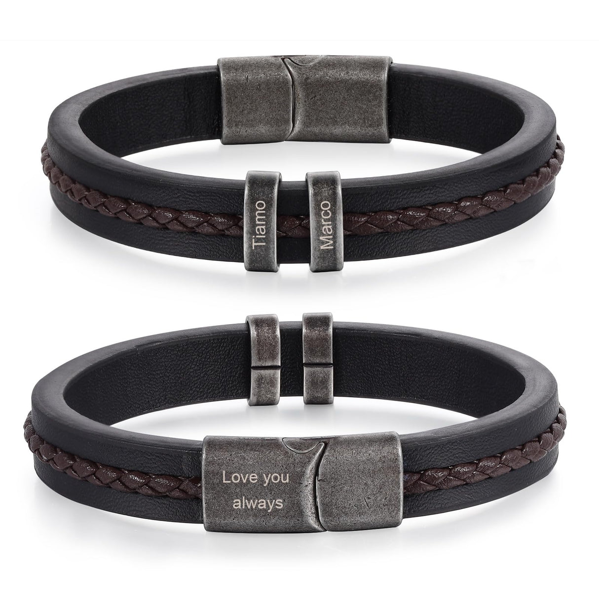 Personalized Custom Name Bracelets for Men - Mens Leather Bracelet with 2-5 Kids Names Customized Gifts for Dad Husband Son (2 names)
