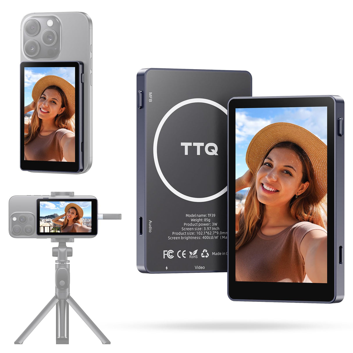 Vlog Selfie Monitor Screen, Magnetic Phone Vlog Selfie Monitor Screen 4K 30fps Bluetooth Remote, Back Camera Monitor for Vlog Live Stream TikTok, Compatible with iPhone & Android