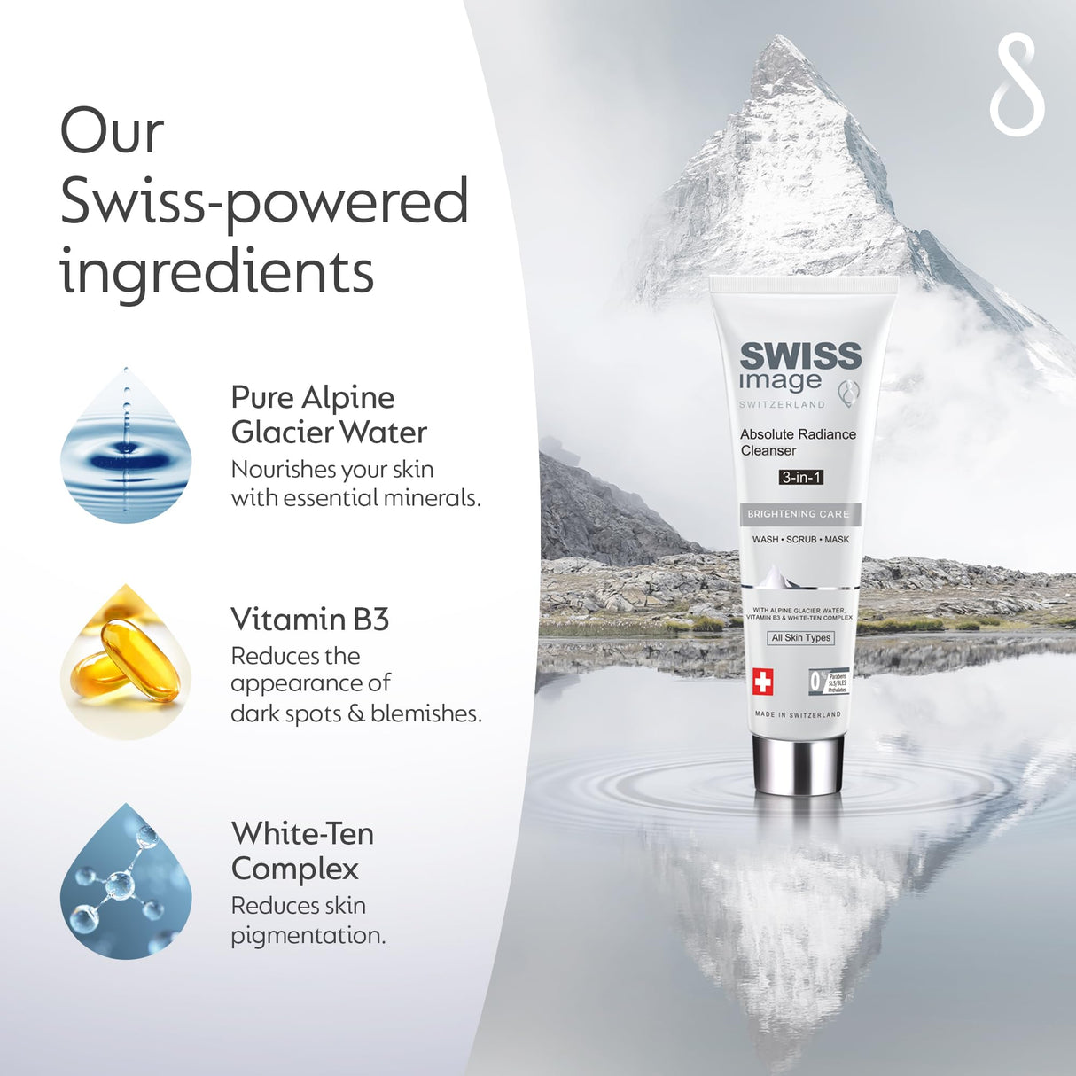 SWISSIMAGE Whitening Care - Absolute Radiance Whitening 3 in 1 Face Wash, Scrub & Mask - Natural Ingredients - Paraben and Phthalate-free - 100ml