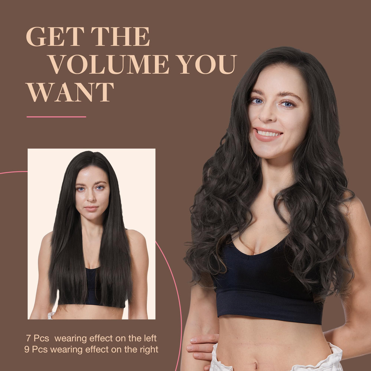 GOO GOO Clip in Hair Extensions Real Human Hair, Remy Human Hair Extensions Clip ins for Women, Natural Human Hair, 18inch 150g 9Pcs, 2 Dark Brown