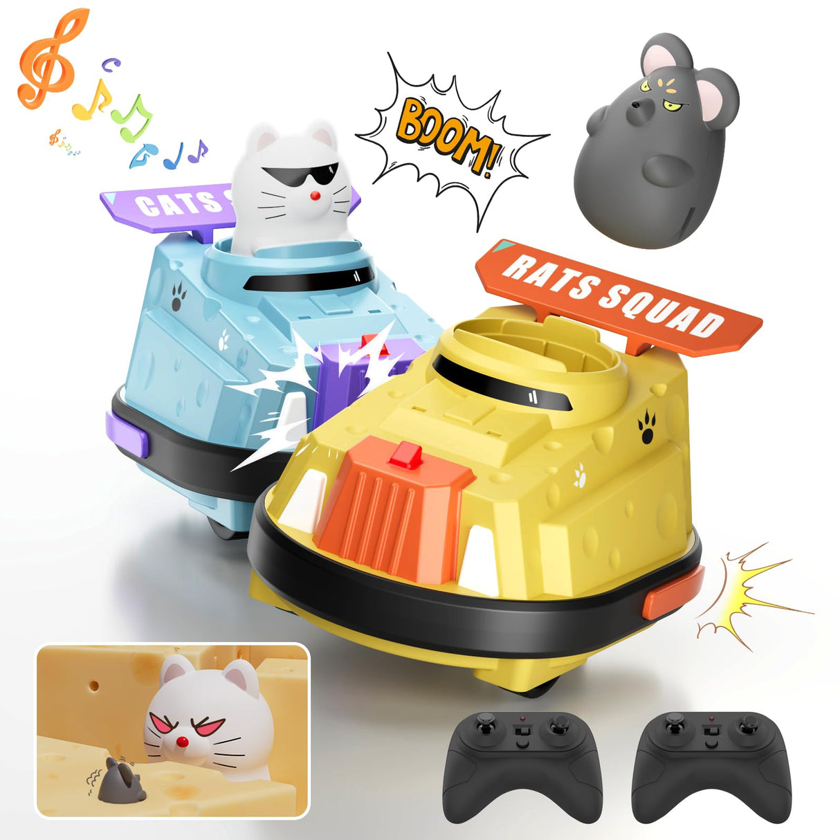 deependo 2 Pack Remote Control Car, RC Ejecting Bumper Car for Kids, Cat and Rat War Cheese Bumper Car, Car Toys for Ages 5-7, Christmas Birthday Gifts Toys for 3 4 5 6+ Year Old Boys Girls