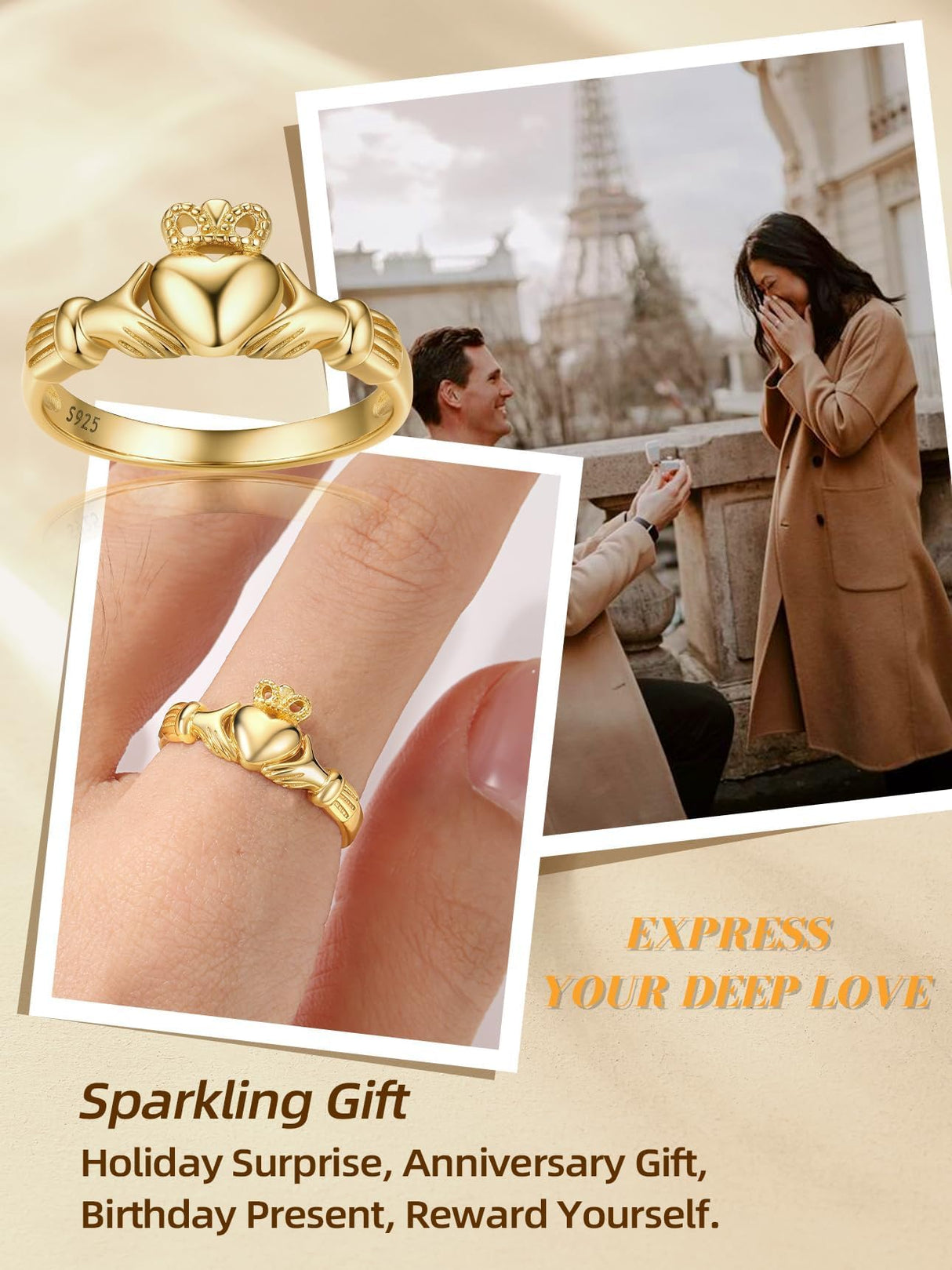 Bestyle Gold Claddagh Rings for Women Hypoallergenic Sterling Silver Women Gold Rings, Irish Infinity Love Ring Promise Ring for Her, Dainty Silver Gold Rings for Women