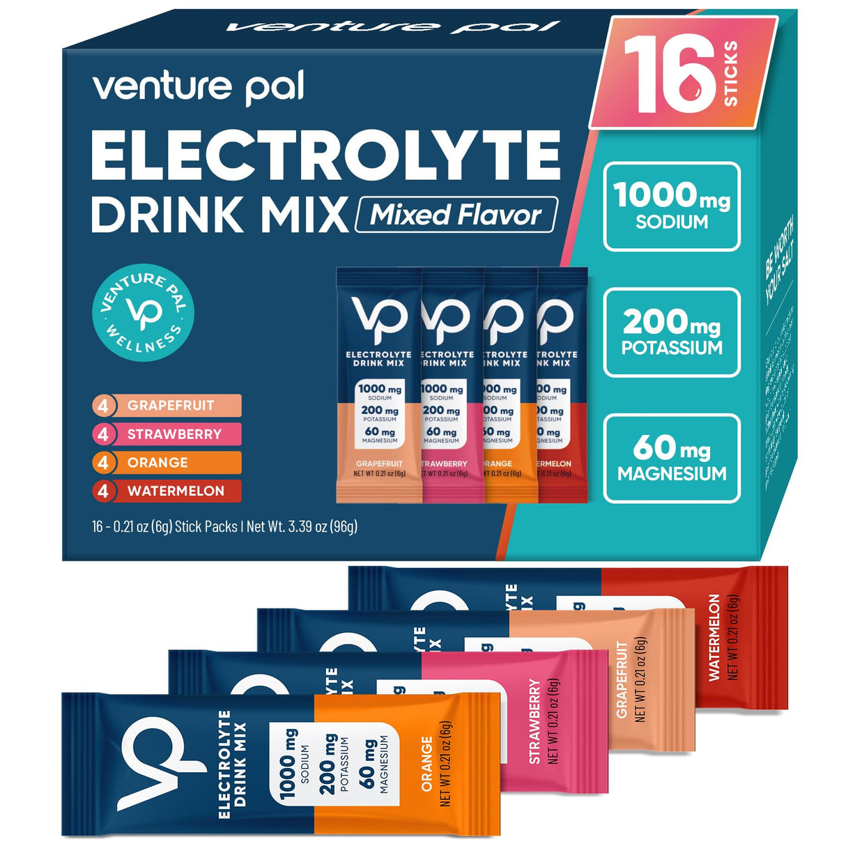 Venture Pal High Sodium Sugar Free Electrolytes Powder Packet - Hydration Packets with Vitamin, Sodium & Potassium | Zero Calories | Vegan, Keto & Paleo Friendly Electrolyte Drink Mix - 16 Sticks