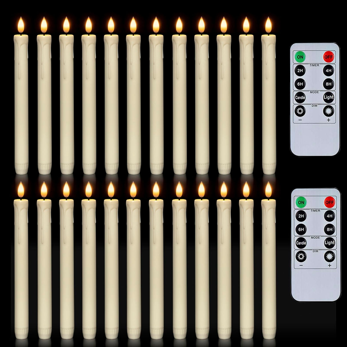 Homemory 24 Pcs Flameless Taper Candles with Remote, Timer, Dimmer, Plastic Battery Operated CandleSticks, Ivory Led Window Candles with Flickering Light, 9.6 Inches for Halloween Christmas Decoration
