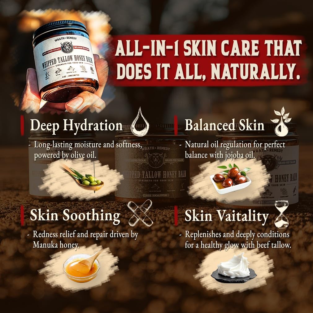 Wrath & Remedy Handmade Whipped Organic Beef Tallow for Skin - 4 OZ (3-Pack) — Grass Fed Beef Tallow Moisturizer and Honey Balm for Silky, Sensitive-Skin, Eczema, Rosacea - Free of Harsh Chemicals