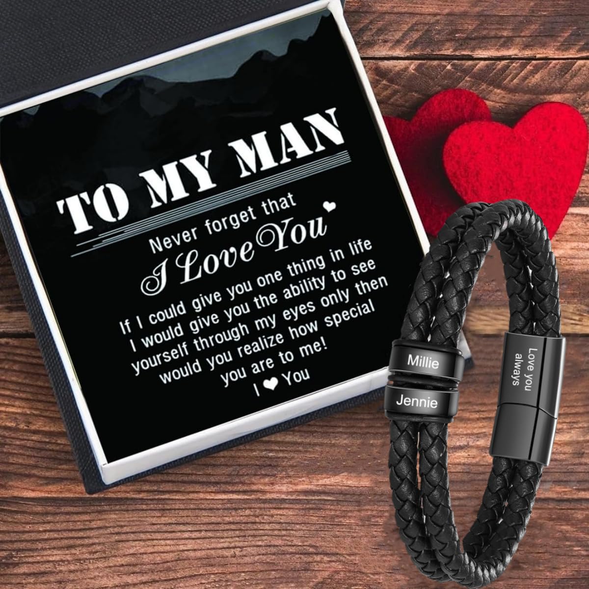 Aiemghsde Personalized Custom Name Bracelets for Men - Mens Leather Bracelet with 2-6 Family Names,Customized Bracelet Father's Day Dad Gifts for Husband Son (2 Names)
