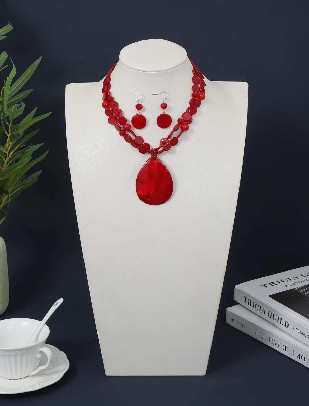 Jules D. Big Teardrop Pendant Necklaces for Women Colorful Beaded Necklaces Statement Set for Holiday. (Red)