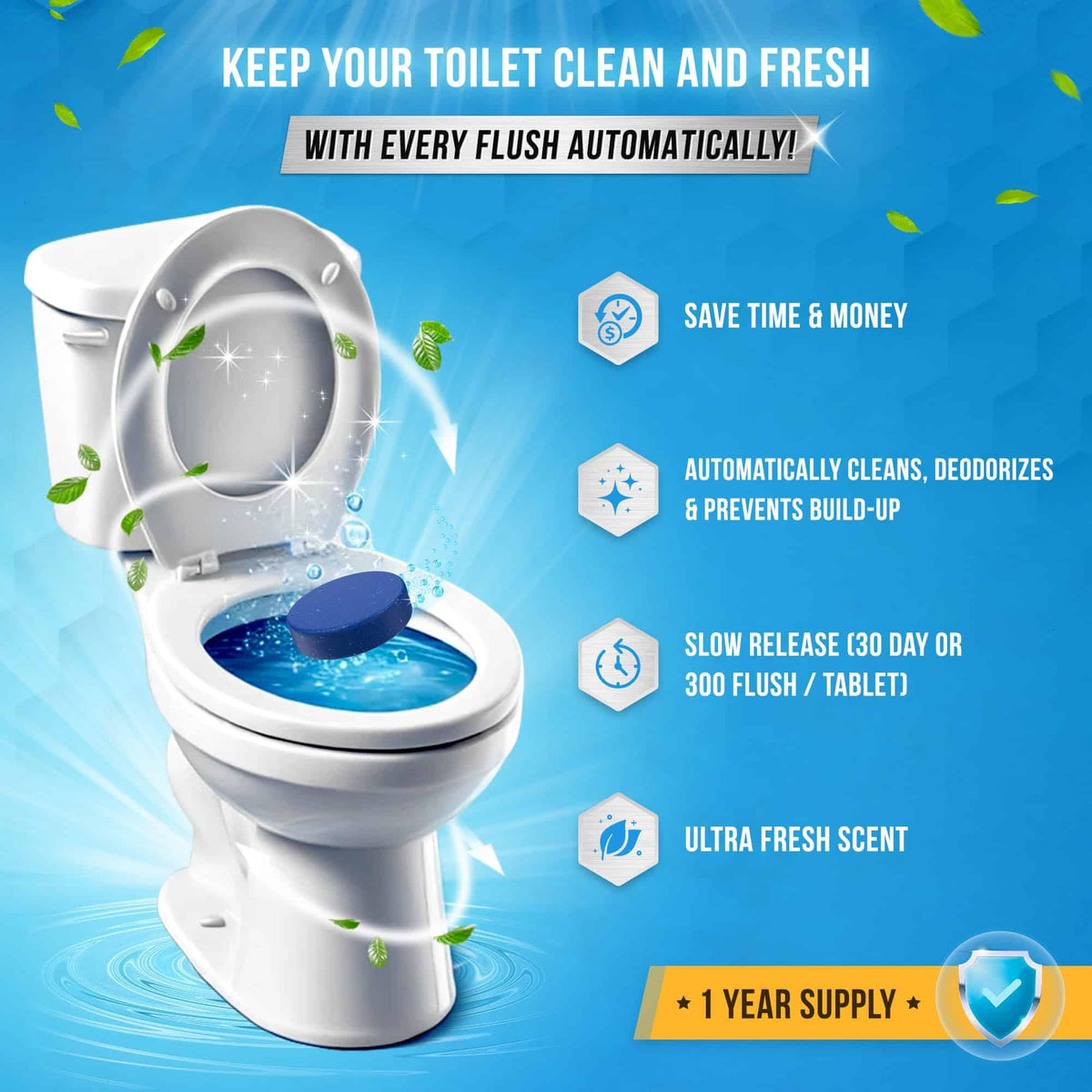 ACTIVE Automatic Toilet Bowl Cleaner Tablets Blue Gel Toilet Tank Cleaners, Septic-Safe Hard Water Ring Stain Remover, Smell Eliminator Heavy Duty Toilet Cleaning & Deodorizer, Fresh Scent - 12 Tabs