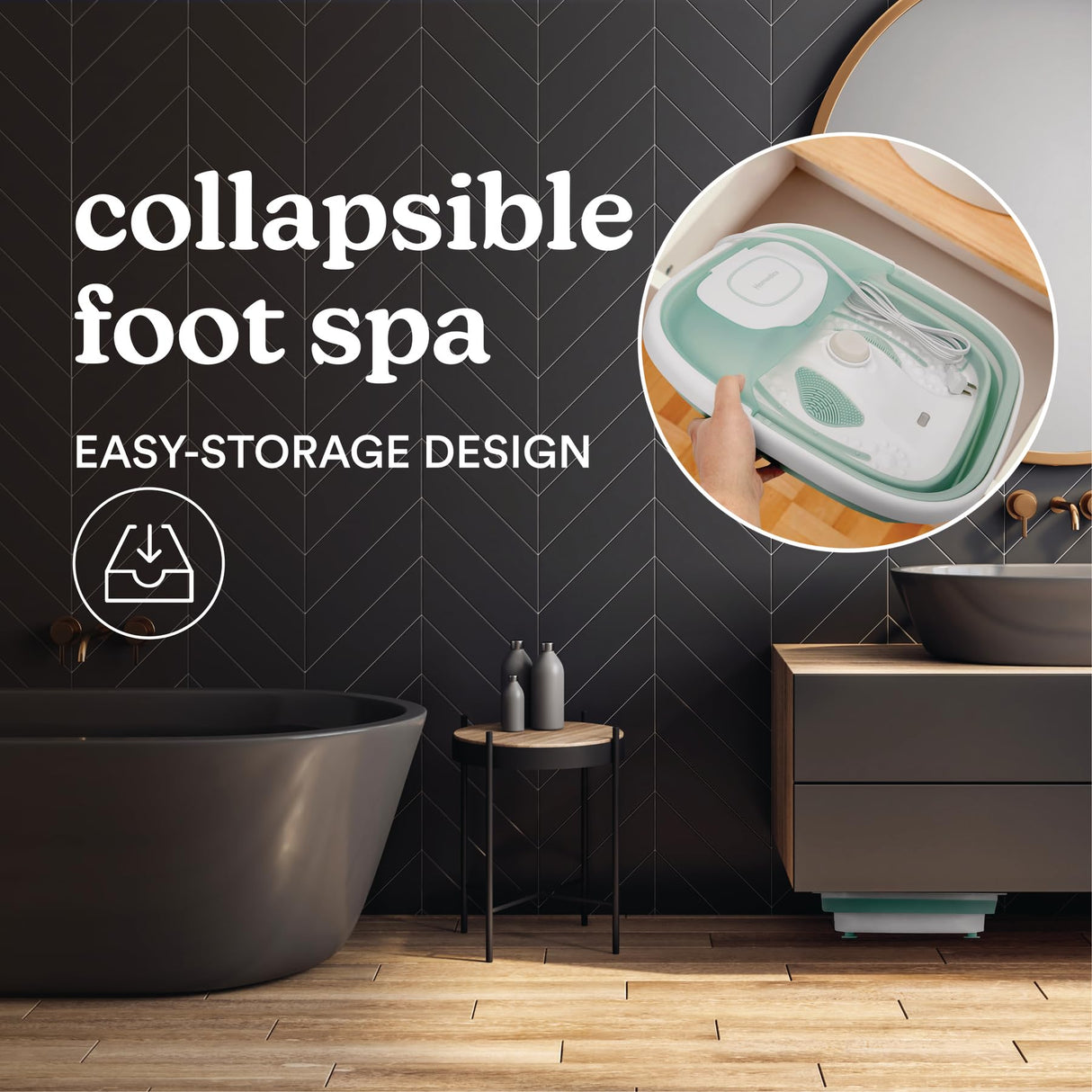 Homedics Smart Space Elite Footbath with Heat Boost, Collapsible, Invigorating Bubble Massage, 3 Pedicure Attachments, Safe to Use Bath Salts, Patented Safety-Lock System, Ergonomic