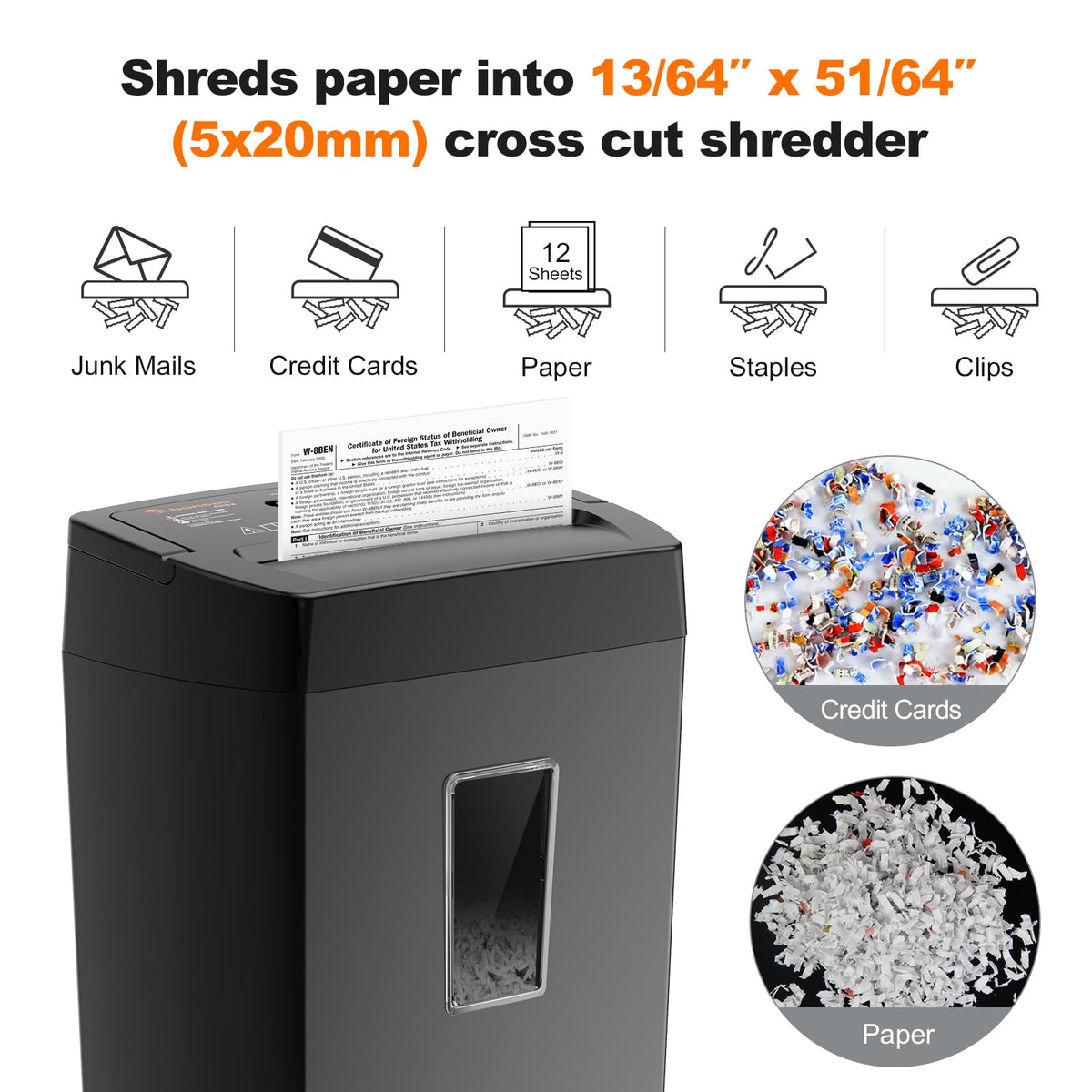Bonsaii 12-Sheet Cross Cut Paper Shredder, 5.5 Gal Home Office Heavy Duty Shredder for Paper, Credit Card, Mail, Staples, with Transparent Window, High Security Level P-4 (C275-A)