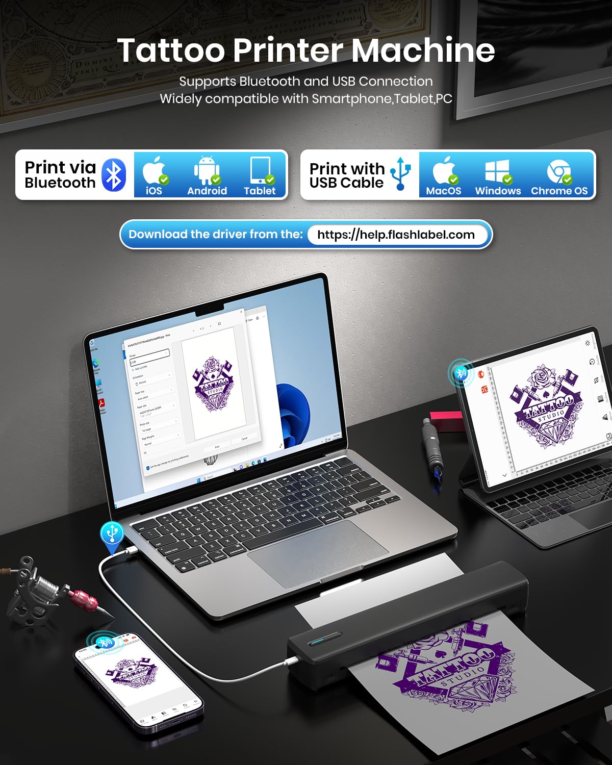 BESTECCT Wireless Tattoo Stencil Printer with 10 pcs of Transfer Paper&10 pcs US Letter Paper,Tattoo Printer Machine for Tattoo Artists& Beginners,Compatible with Phone&PC