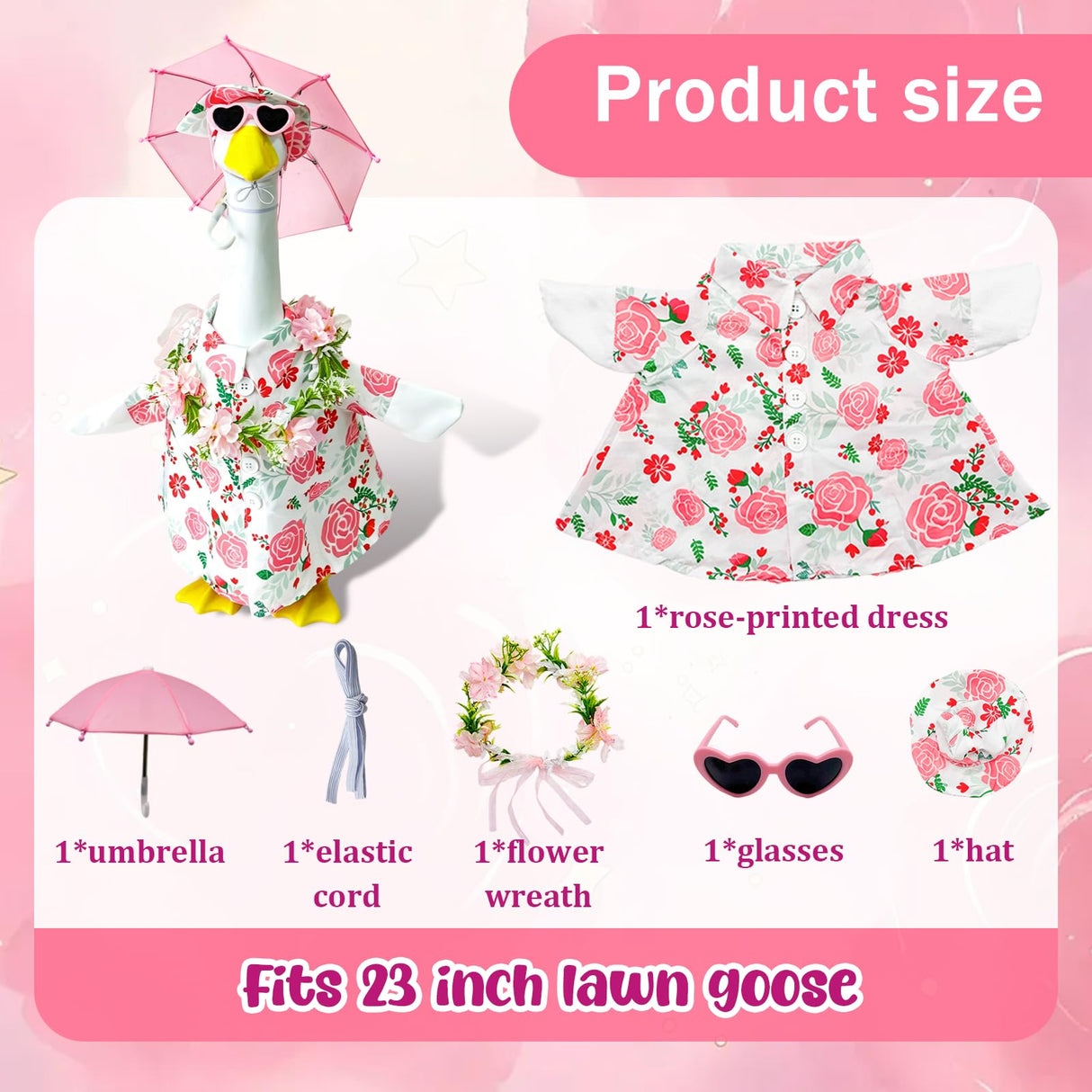 Summer 23" Pink Floral Porch Goose Set w/ Hat, Umbrella & Heart Sunglasses