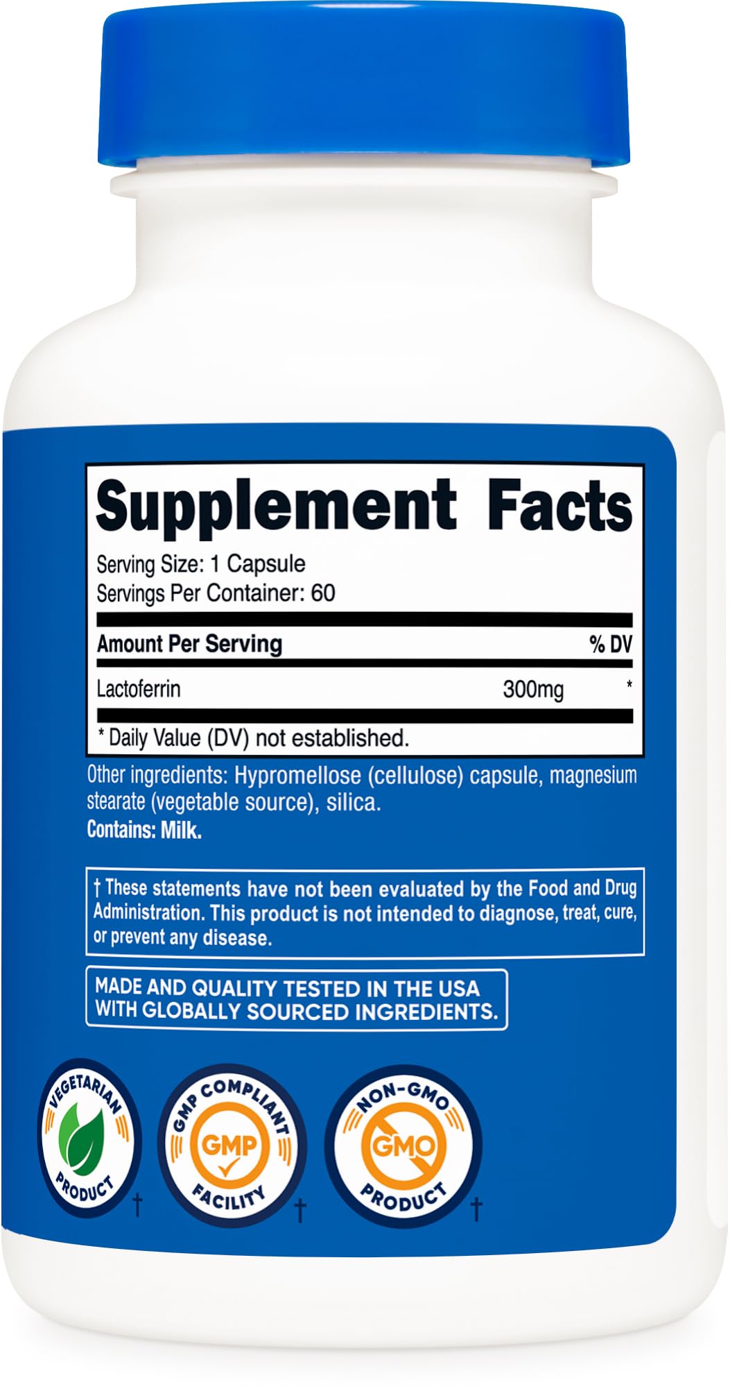 Nutricost Lactoferrin Capsules (60 Capsules, 300mg) Third-Party Tested, Gluten-Free, Vegetarian, GMP Compliant, Non-GMO Product - 60 Servings