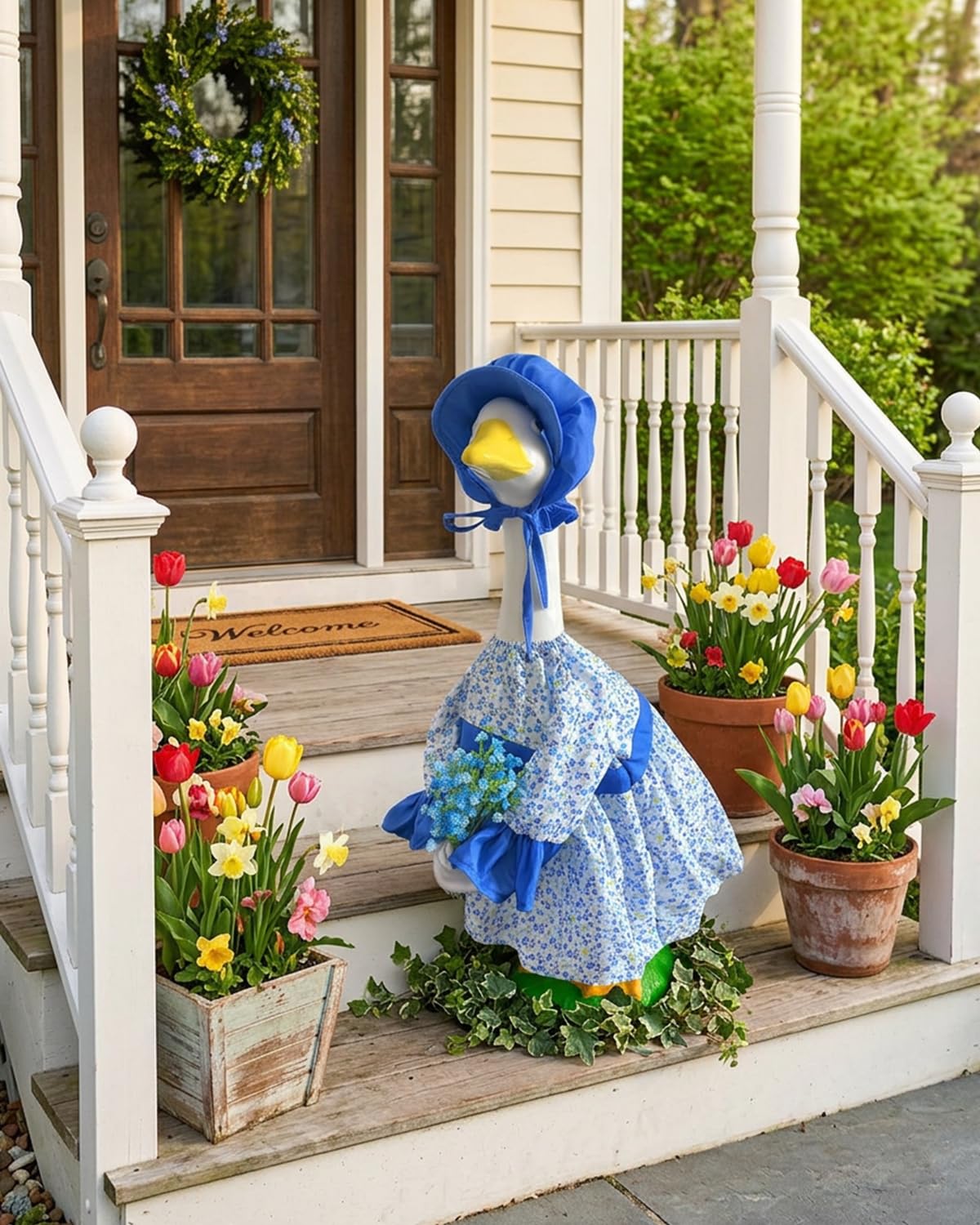 GigaCircle Spring Porch Goose Lady Outfits with Artificial Flowers - 23" Floral Dress Lawn Geese Clothes with Hat, Cute Porch Goose Summer Outfits for Patio Garden Decor, Best Gift for Mom Grandma