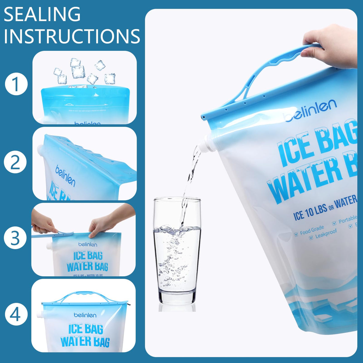 Belinlen 6 Pack Reusable Ice Bags for Cooler 10lb Cooler Ice Cube Bag with Sealed Sliding Handle, ice Lock Watertight ice Bag Large Leakproof Ice Bag for Camping, Hiking, and Drinks(13.8 x 19.7)