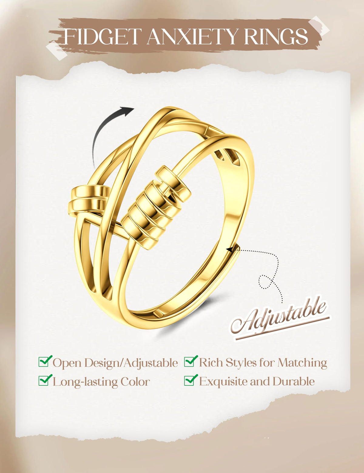 MILACOLATO 14K Gold Plated 9Pcs Fidget Ring for Women Anxiety Ring Set