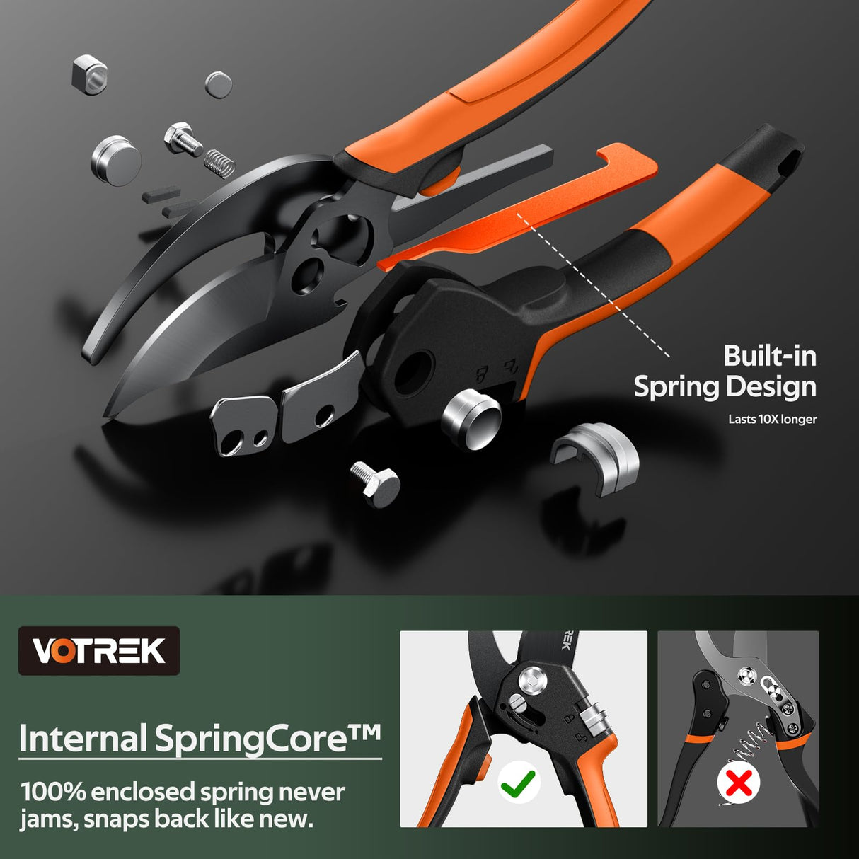 VOTREK® Pruning Shears, Patented Stepless Handle Opening for All Hand Size
