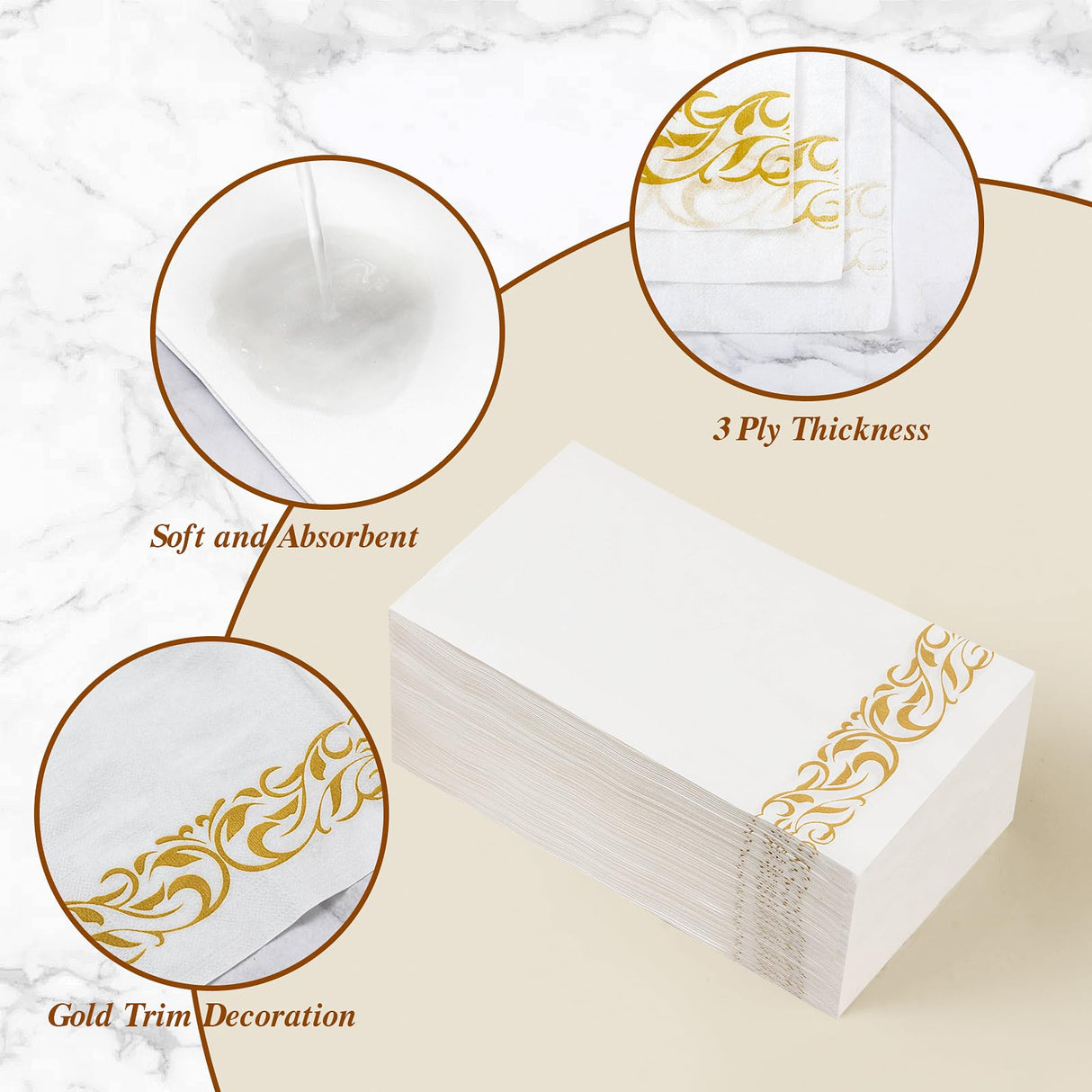 BESTVIP 200 Pack Disposable Paper Napkins,3-Ply Dinner Napkins with Gold Trim for Guests,Bathroom Paper Hand Towels Soft and Absorbent,Perfect for Christmas,Kitchen,Dinner,Party,Wedding or Event