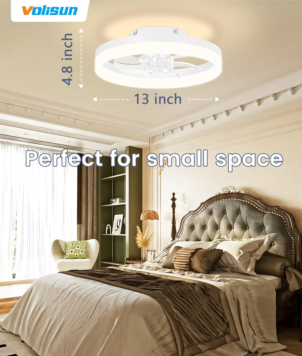 VOLISUN 13 inch Small Ceiling Fans with Lights and Remote, Low Profile Ceiling Fans with Light, 3000K-6500K Dimmable LED Ceiling Light Flush Mount, Bladeless Fandelier Ceiling Fan (White)