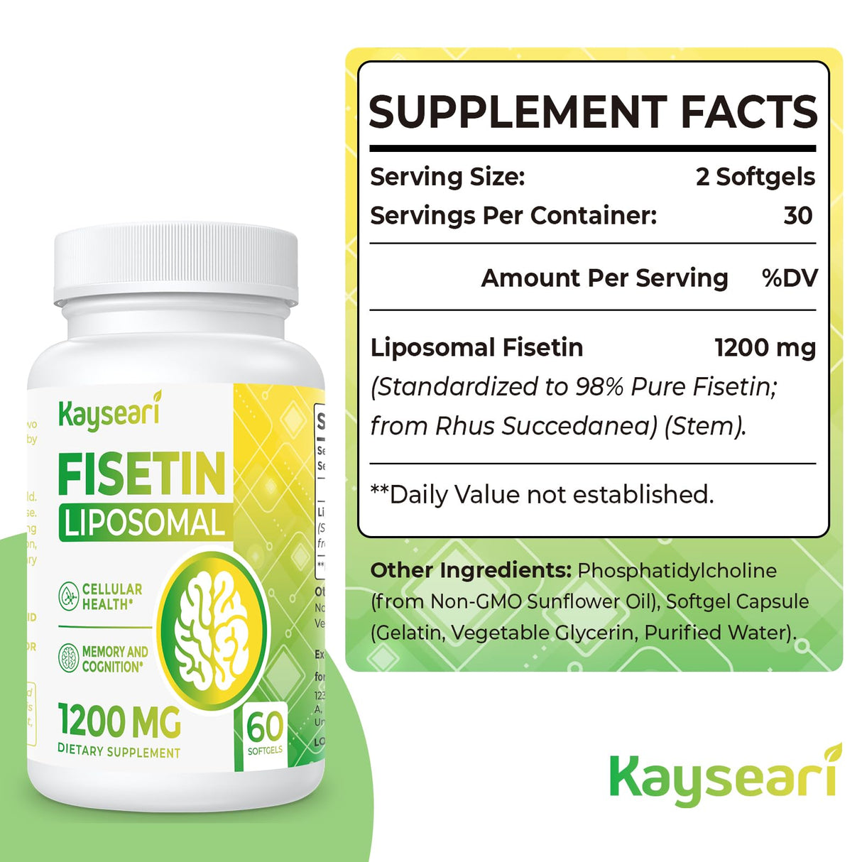 Kayseari Fisetin 1200mg Liposomal Fisetin Supplements 98% Pure Fisetin Polyphenols Antioxidants Immunity Health Aging Cognitive Support Non-GMO 120 Capsules