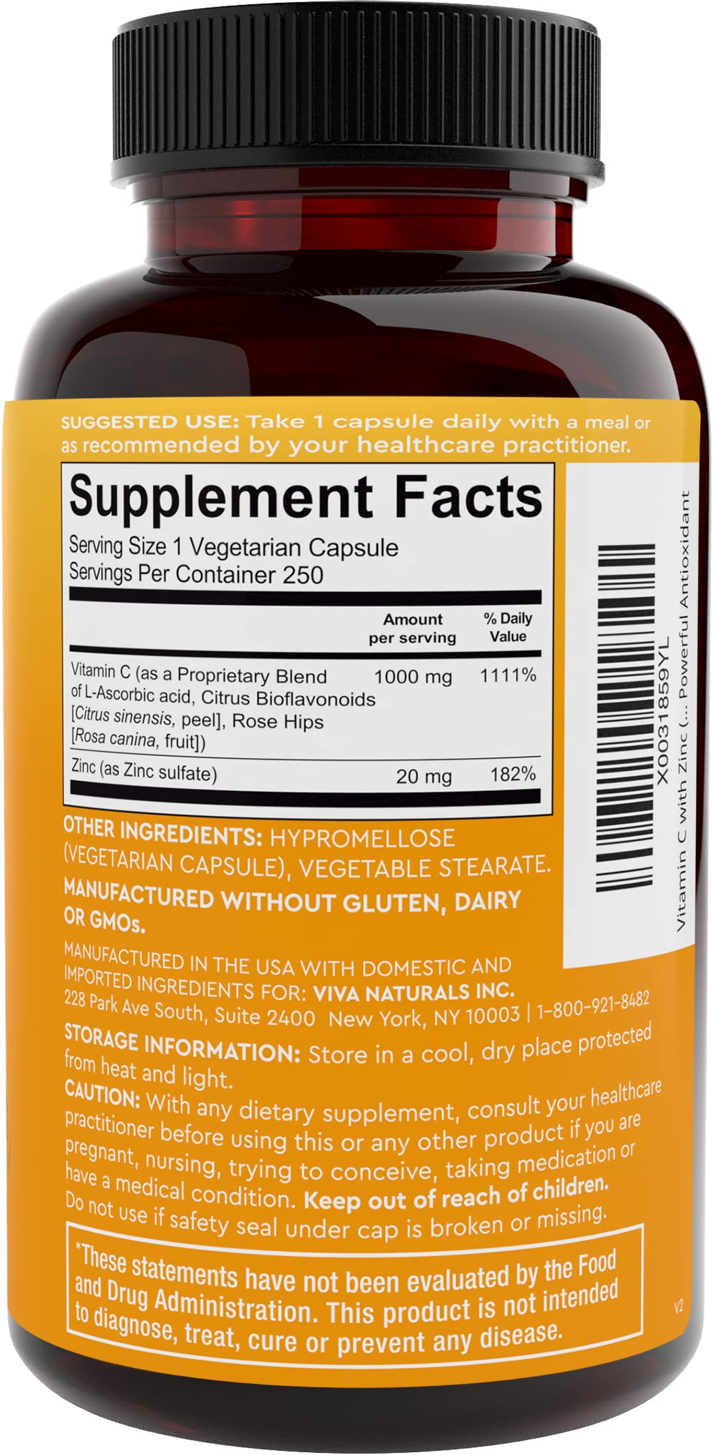 Viva Naturals Vitamin C and Zinc Supplement (250 Capsules) - 1000 mg Vitamin C with Zinc 20 mg Antioxidant Supplements for Immune Support, Vitamin Supplement for Adults