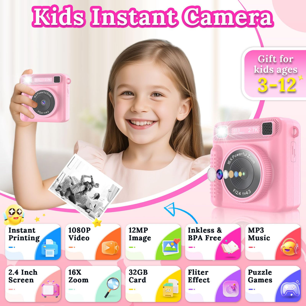 JPVERLY Kids Instant Print Camera - Christmas & Birthday Gift for Boys and Girls Ages 3-12, HD Digital Video Camera Toy with 3 Rolls Printing Paper & 32GB Card (Pink)