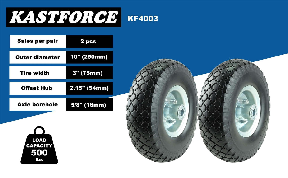 KASTFORCE KF4003 Twin Pack 10-Inch Solid Rubber Tire Wheels Replacement 3.00-4 Tires Wheels Flat Free with 5/8" Bearings 2.15" Offset Hub Perfect for Hand Truck Wheelbarrow Garden Cart Non-Flat