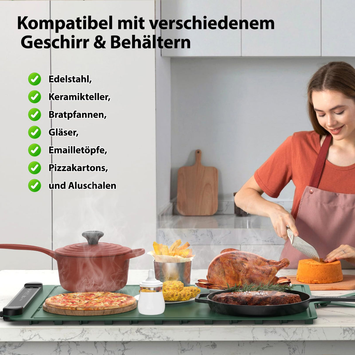 Food Warming Mat Electric Tray: Adjustable Silicone Heating Pad with 3 Temperature Settings 4 Timer Function Portable Roll Up Hot Plate for Buffets Party Gatherings Kitchen Warmer Countertop Green