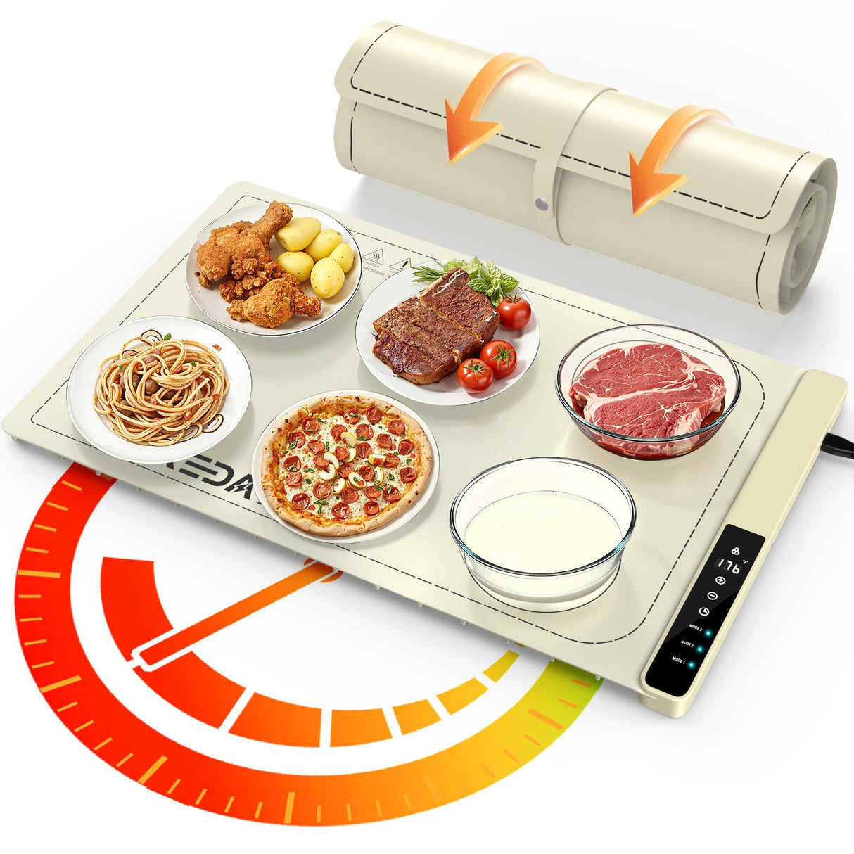 Food Warming Mat with 3-Zone Heating Mode, Redagod Electric Warming Tray with 9 Temperature & 8 Timer Settings, Hook and Roll Up Storage, Portable Countertop Food Heating Mat for Home Daily Use, Beige
