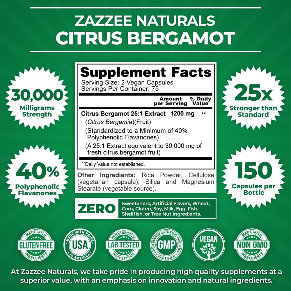 Zazzee Extra Strength Citrus Bergamot 25:1 Extract, 1200 mg per, 40% Polyphenolic Flavanones, 150 Vegan Capsules, Concentrated and Standardized 25X Potency, Non-GMO and All-Natural, Made in The USA