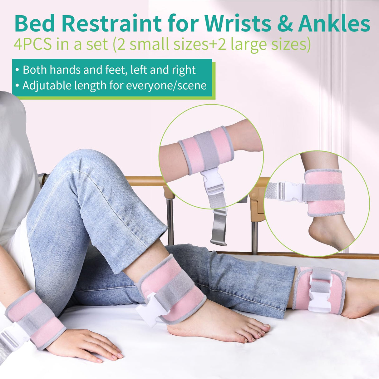 lefeke Patient Medical Restraints with Quick Release Buckles, Bed Restraints Belts for Wrists and Ankles, Limb Holder Movement Limited Ties for Hands and Legs(4 Pcs Pink)