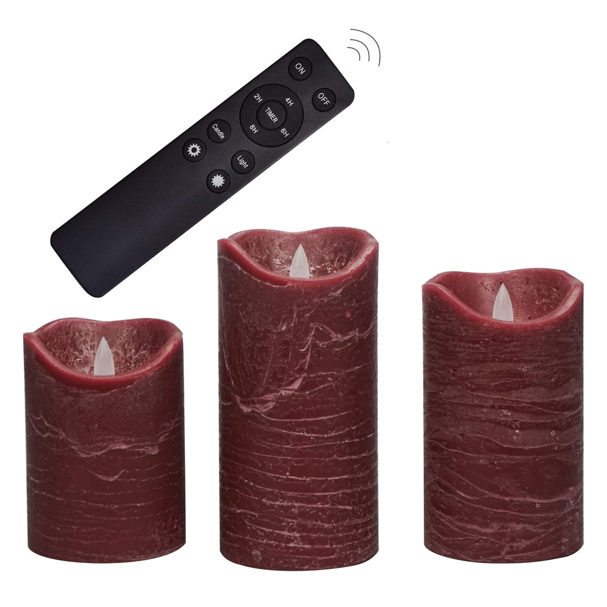 CANDLE CHOICE Battery Operated Flameless Candles with Remote Timer Real Wax Realistic Flickering Electric LED Pillar Lights for Home Wedding Party Christmas Decorations 3 Pack Rustic Texture Burgundy