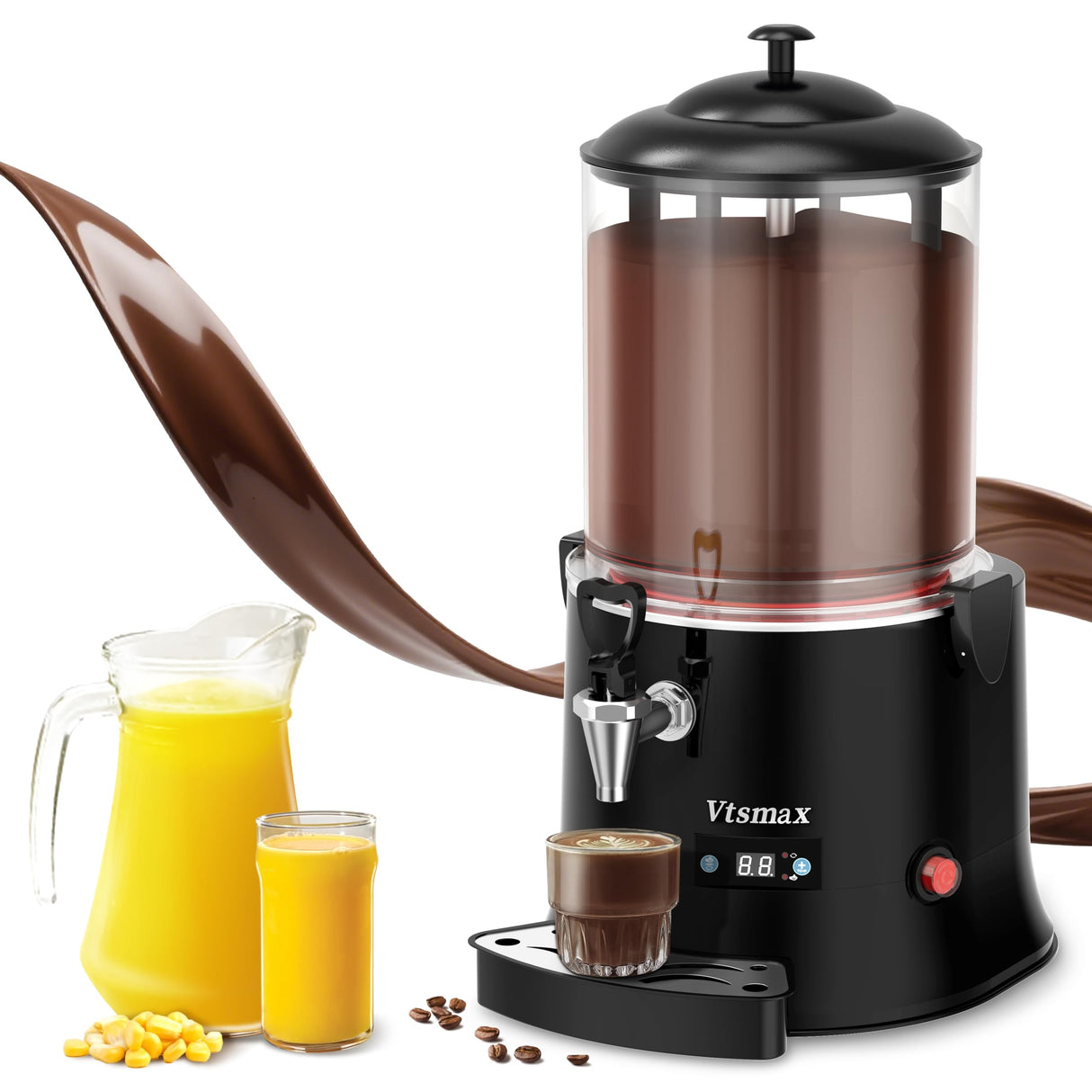 Vtsmax 10L/2.6Gal Commercial Hot Chocolate Machine Hot Drink Dispenser, 86-194°F Intelligent Temperature Control Hot Beverage Maker for Chocolate, Cocoa, Milk, Coffee, Juice, Black
