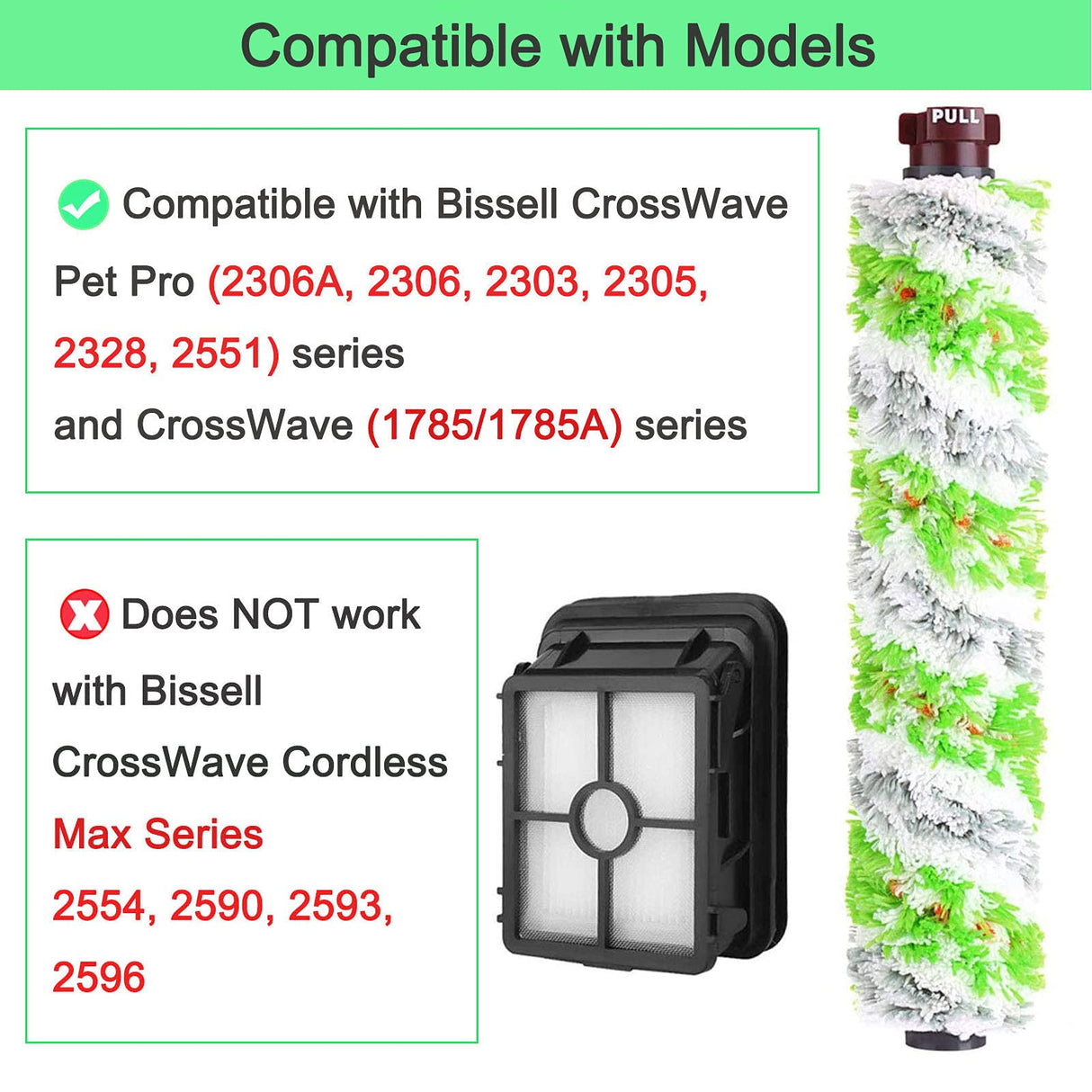 Bvhonwe 6 Pack Replacement Parts for bissell CrossWave Pet Pro 2306A & CrossWave 1785 Series 3888A Vacuum Cleaner, 3 Pack 2460 Brush Rolls,3 Pack 1866 Filters,Compare to Part 1613568&161-3568,1608684
