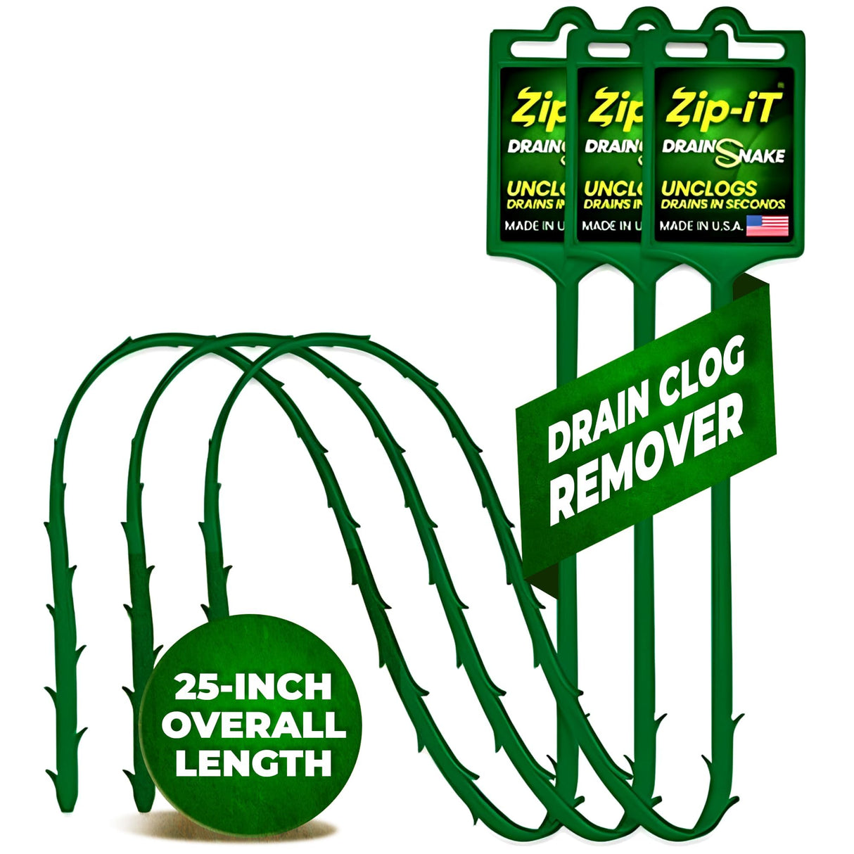 The original Zip-It Hair Clog Remover 25-inch Overall Length Drain Snake Cleaner (3-Pack), Unclog Your Sink, Shower, & Tub Drain In Seconds – Non-toxic, Made in the USA