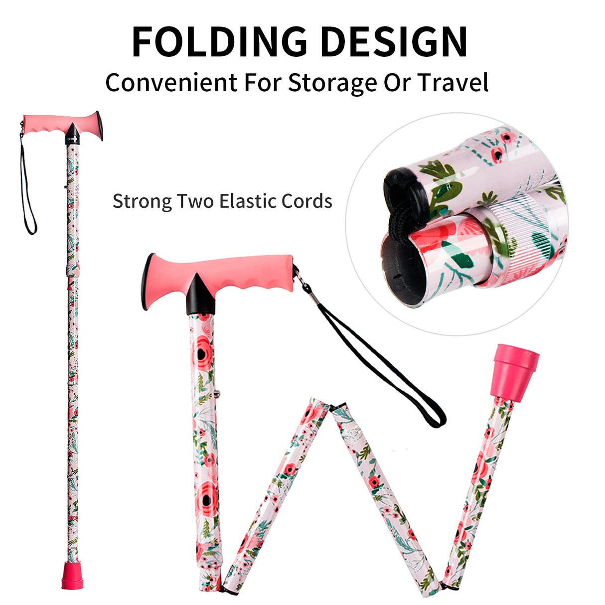 CLOKTA Walking Cane for Men and Women, Foldable Floral Lightweight Adjustable Portable for Folding Canes, Comfortable T-Handle for Seniors Adults (Pink Floral)