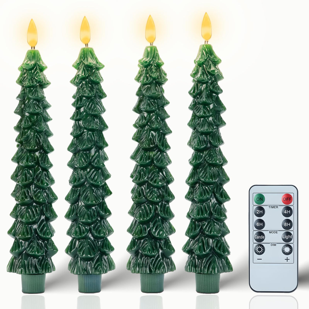 Boribim Christmas Decorations Indoor - 4 PCS Christmas Tree Candles with Remote and Timer - Flameless Christmas Taper Candles - Battery Perated Green LED Candlesticks for Christmas Home Decor